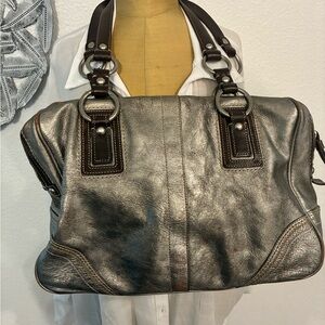 Vintage Coach Metallic Silver and Brown Leather Satchel Bag